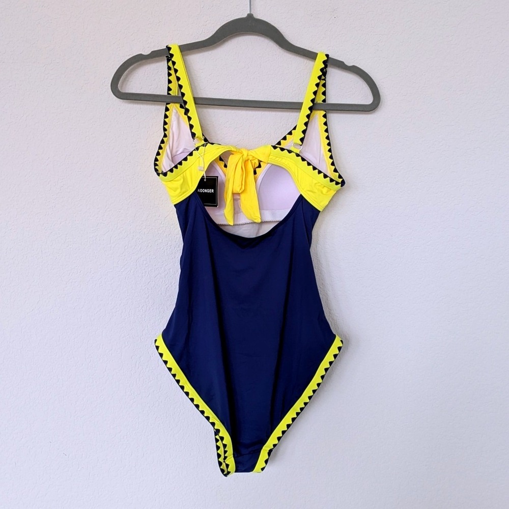 Aidonger Colorblock One Piece‎ Swimsuit Women S Yellow Navy Ruched Ric Rac Trim - Picture 3 of 8